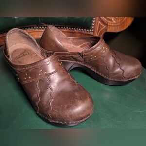 Dansko Women's Brown Leather Slip On Studded  Heeled Clogs Size 37 US 6.5 - 7